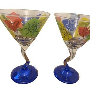 Set Of 2 Artsy Art To Drink Martini Margarita Glasses Hand Paint Print Orlando